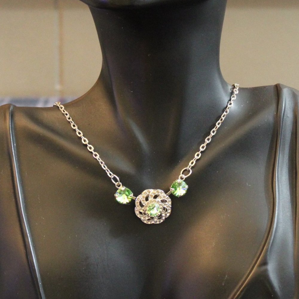 Gorgeous Peridot Green and White Rhinestone Necklace